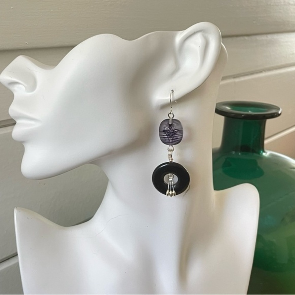 2/$29 Handmade Obsidian Glass Dangle Earrings Black Purple Stripe Silver - Picture 2 of 4